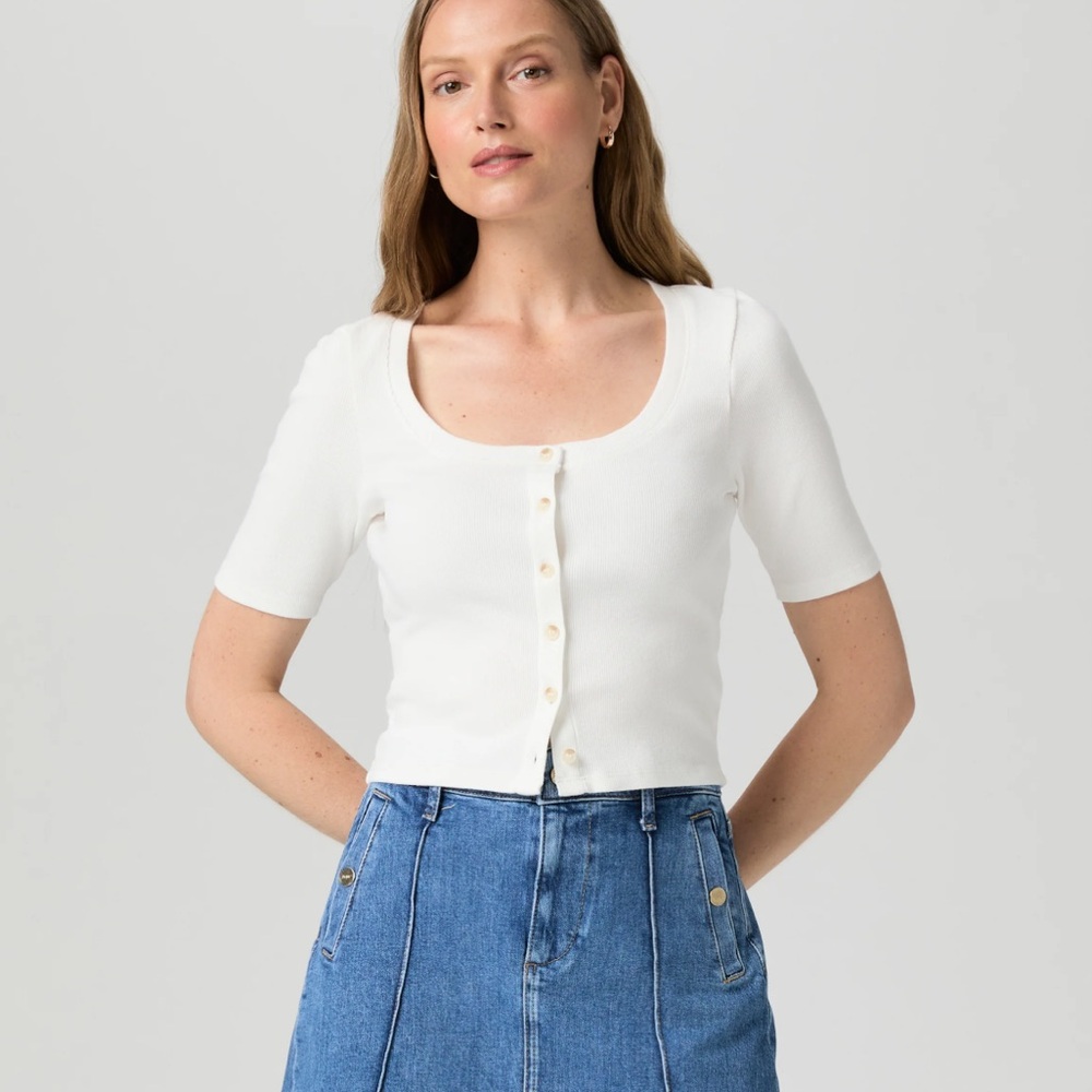 PAIGE White Scoop Neck Button Front Ribbed Top
